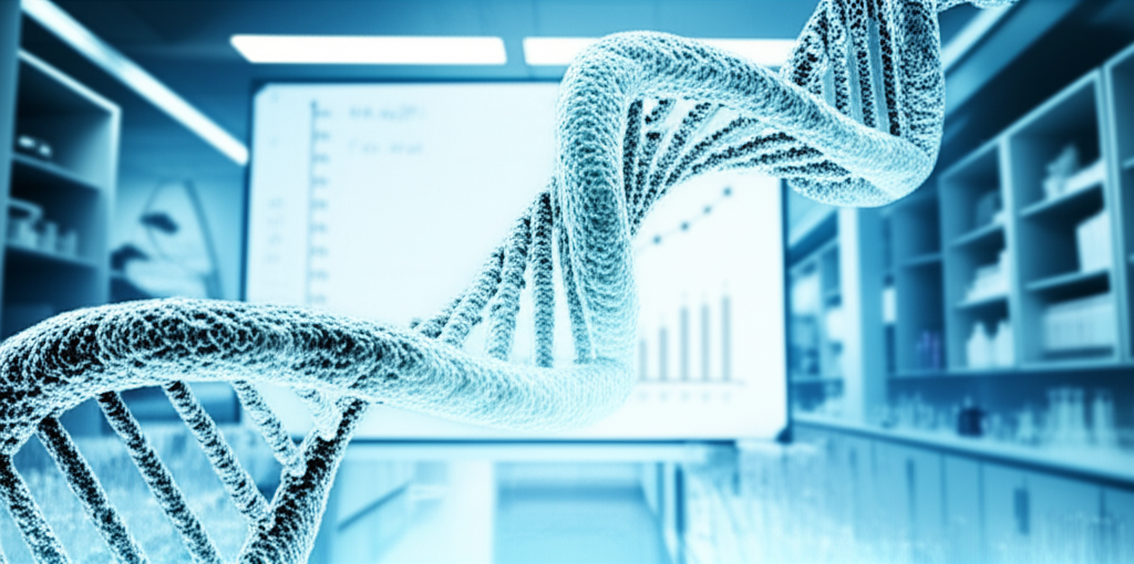 DNA strands visualized in a modern laboratory setting alongside a rising growth chart illustrating biotech sector performance