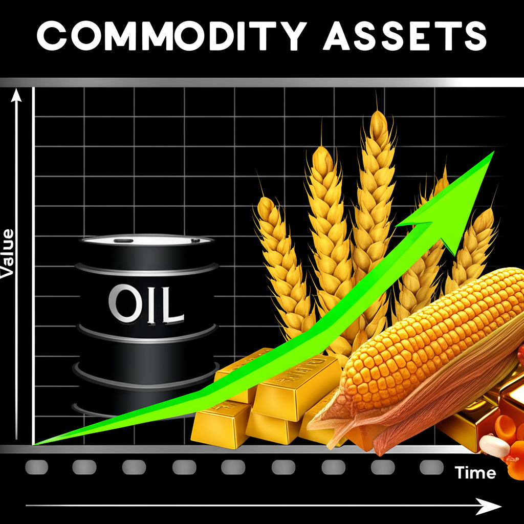 Visual representation of commodity assets with a rising growth chart showing gold, oil, and agricultural prices increasing during an economic downturn