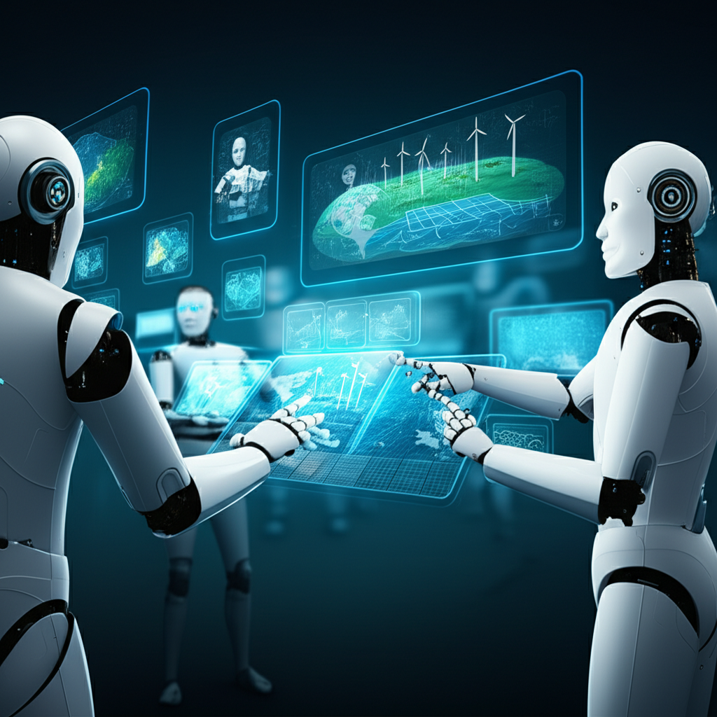 AI robots collaborating on clean energy projects, symbolizing innovative thematic investing