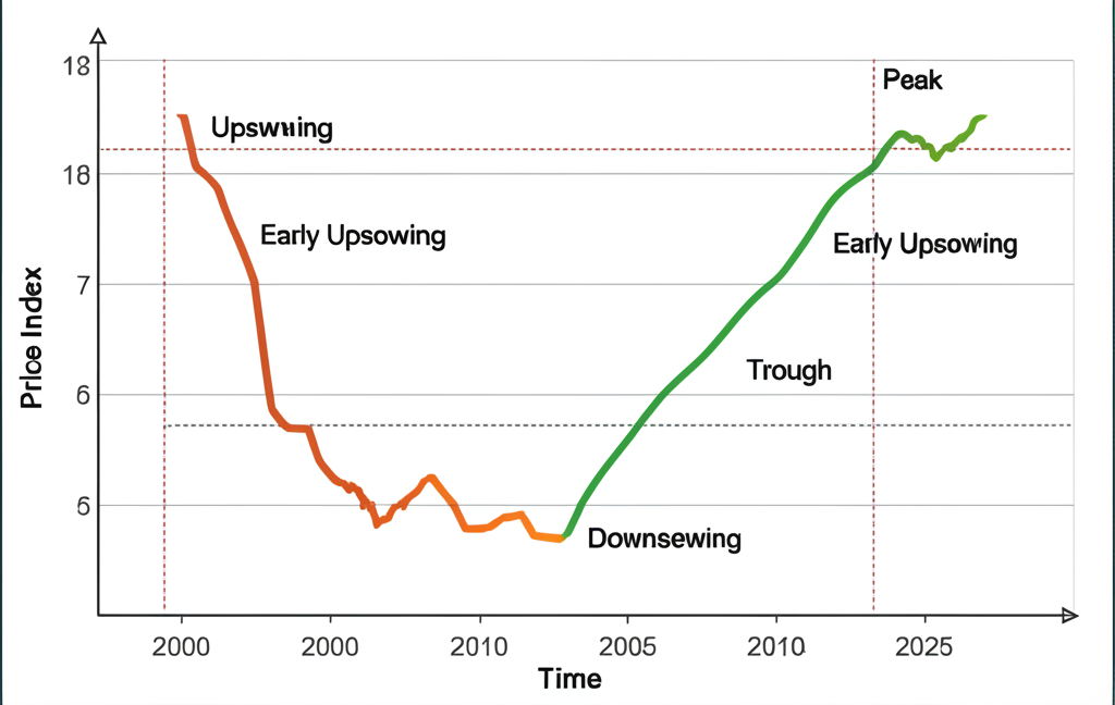 Commodity cycle comparison chart showing long-term supercycle trends versus short-term price fluctuations