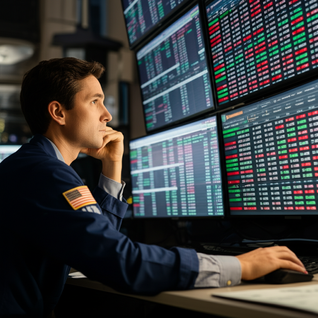 A U.S. investor reviewing charts and data on global markets, focusing on international investment options