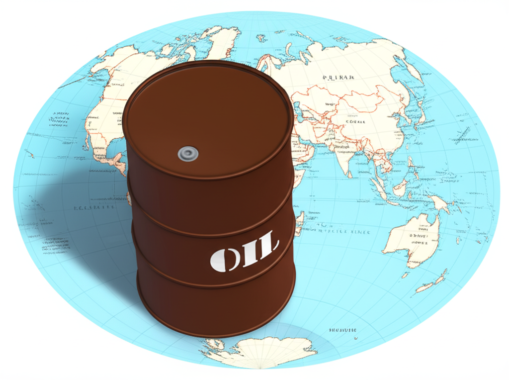 Oil barrel positioned over a world map highlighting key production and conflict zones