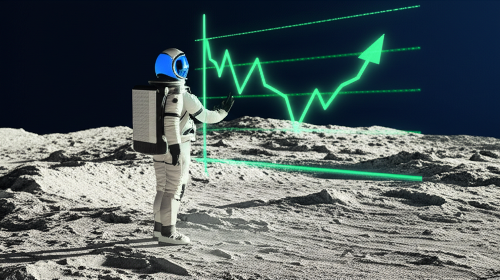 Astronaut analyzing an investment chart in a futuristic space setting