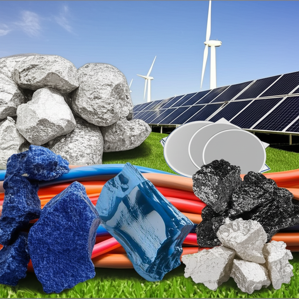 Artistic representation of commodities used in clean energy production, including metals and infrastructure elements