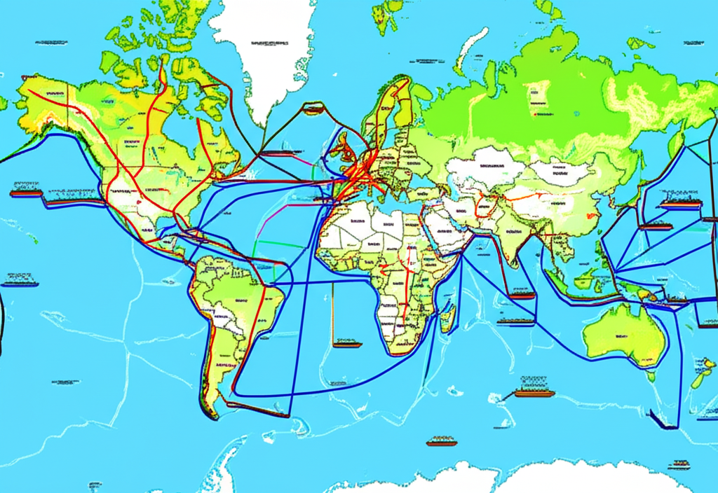 Global map illustrating major commodity trade routes with ships navigating key maritime paths
