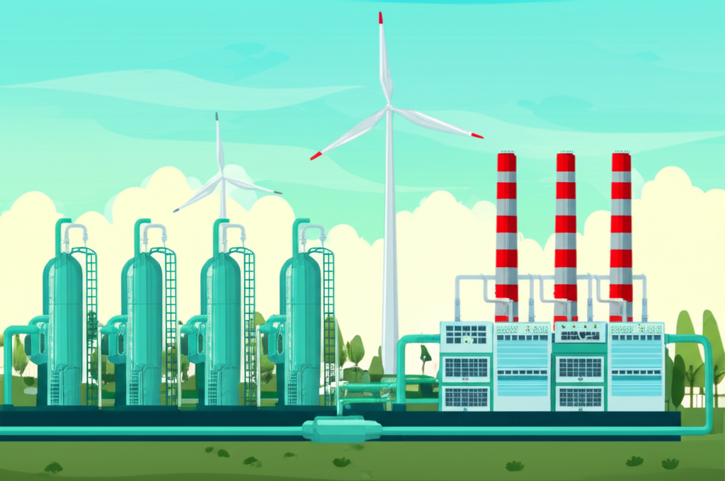 Illustration of a green hydrogen production plant, featuring solar panels and wind turbines connected to an electrolyzer