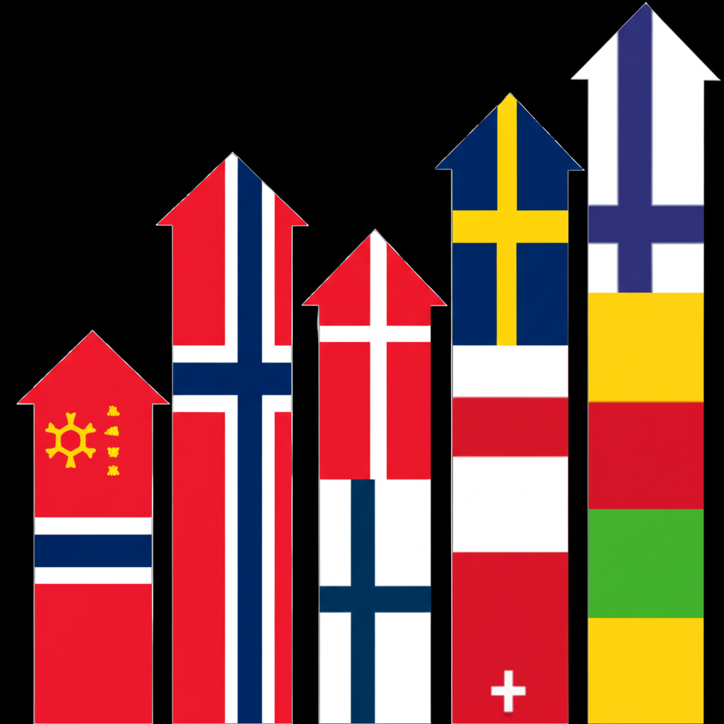 Nordic flags with upward growth arrows representing investment opportunities