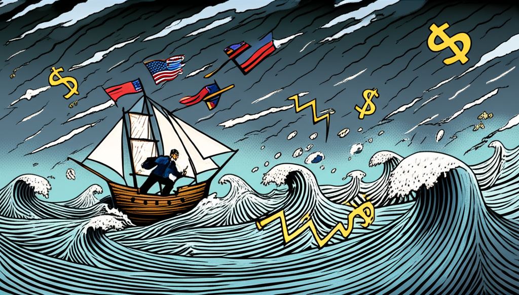 Illustration of the United States navigating an economic storm, with waves labeled inflation, supply chain issues, and energy volatility