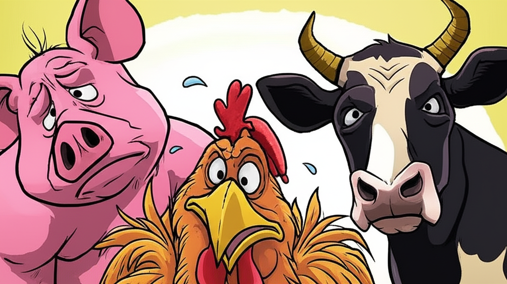 Illustration of livestock gathered around a dwindling water source on a parched U.S. ranch