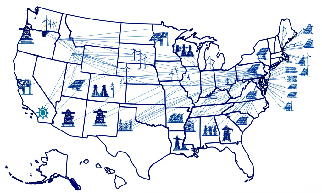 U.S. renewable energy grid integration showing solar and wind distribution across regional transmission zones