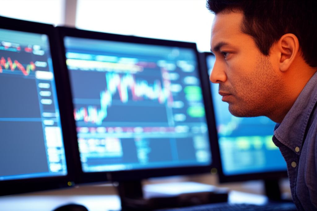 A professional trader intently watching fluctuating commodity price charts on multiple screens