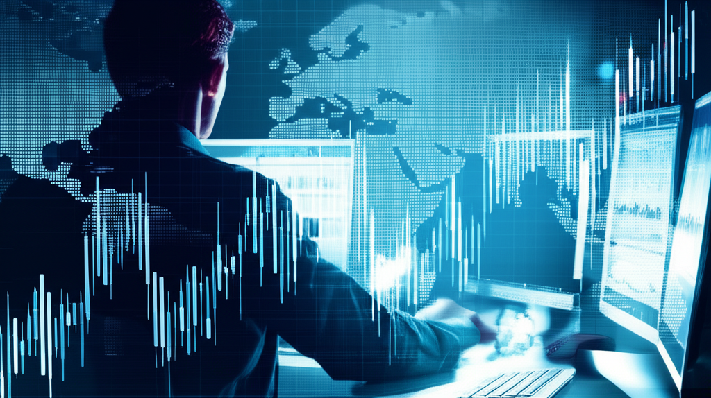 Investor analyzing financial charts with a world map in the background
