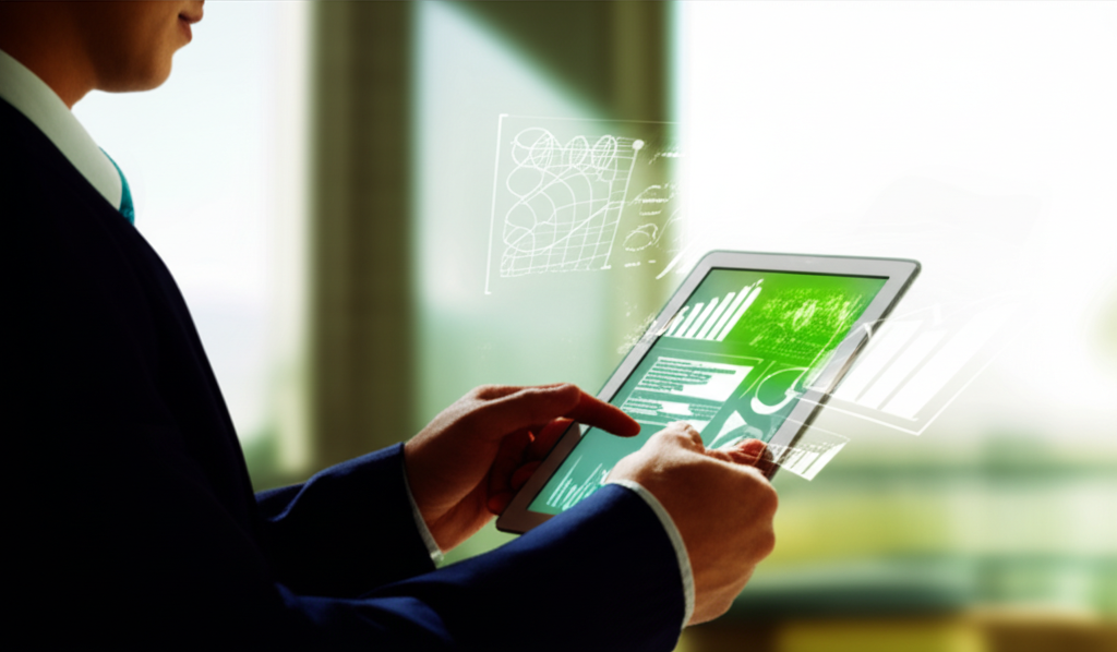 A professional investor reviewing energy market data on multiple screens, with charts showing renewable generation, electricity prices, and carbon markets