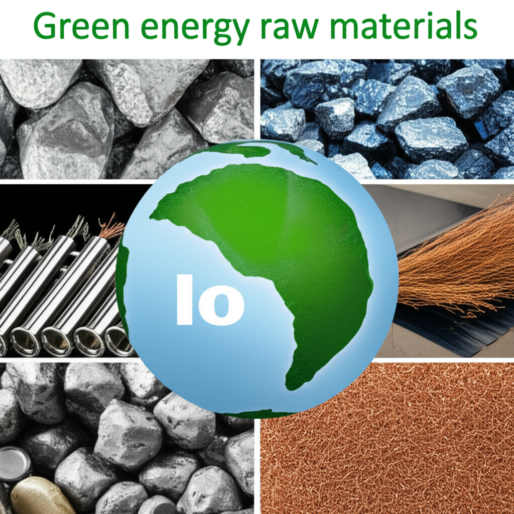 Close-up of green energy raw materials including lithium, copper, and rare earth elements on industrial tray