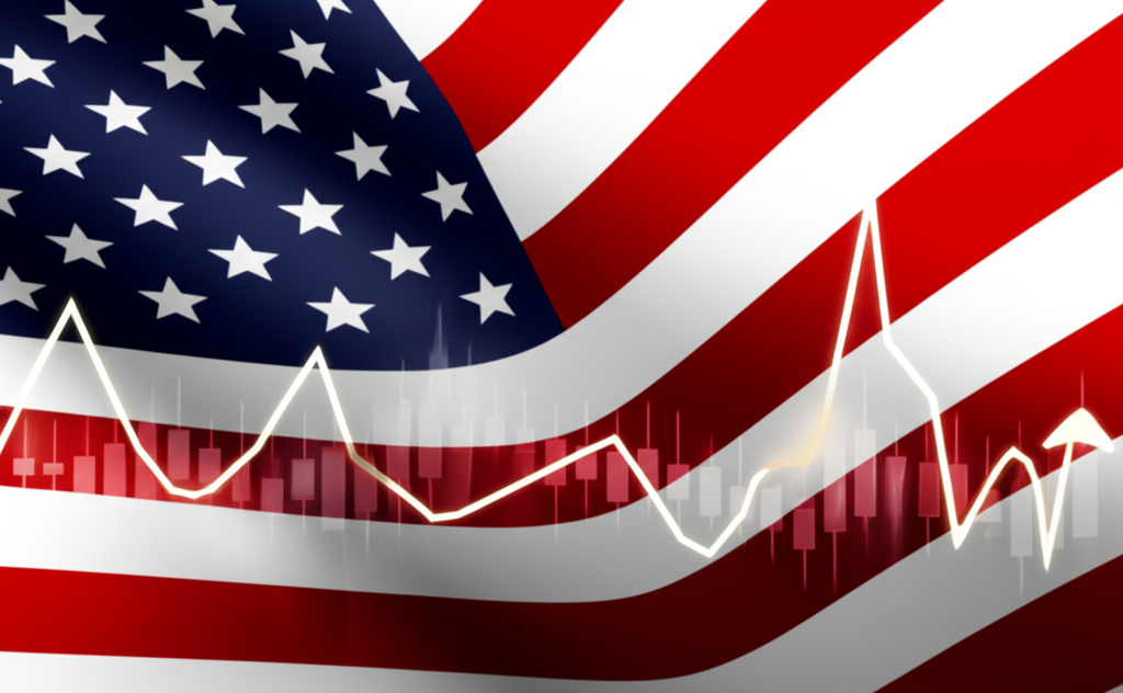 US flag overlaid on a commodity market graph
