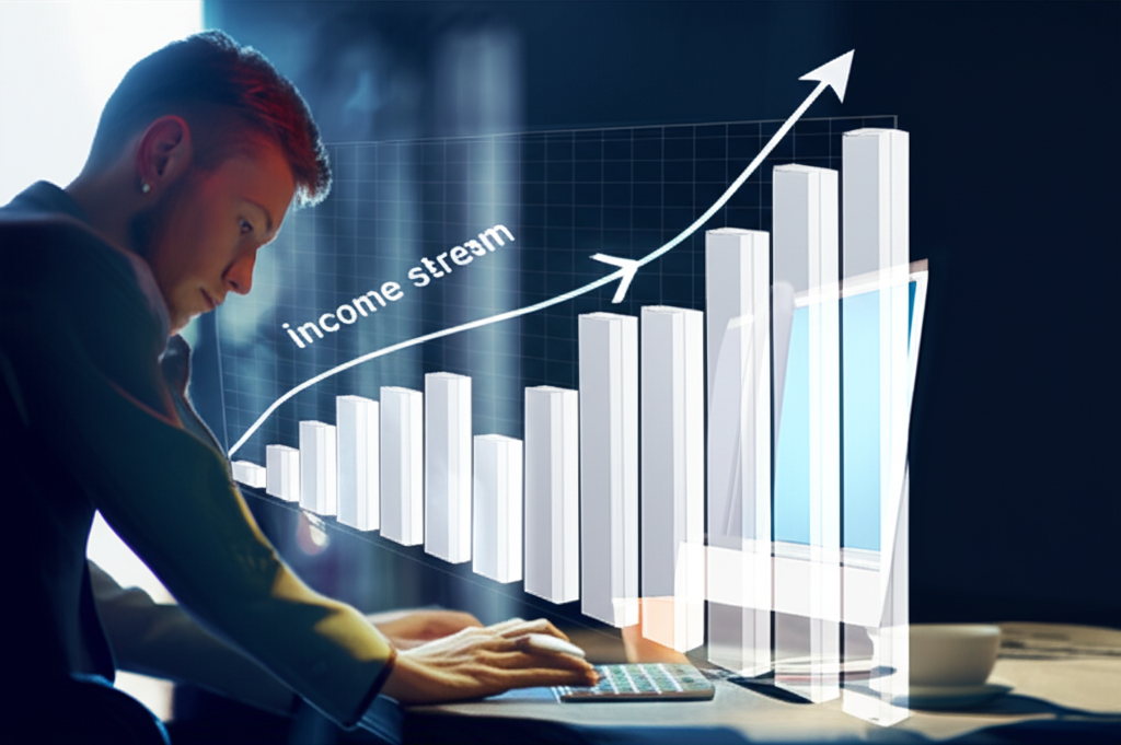 Investor analyzing stock charts with icons representing income streams
