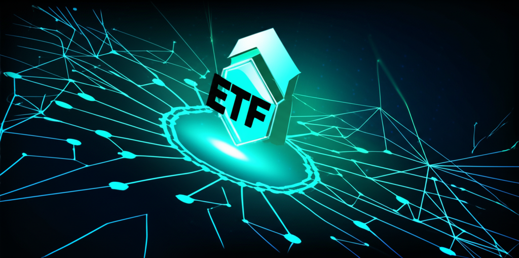 Digital finance landscape with ETF charts and innovative blockchain elements, illustrating investment strategies in evolving markets.