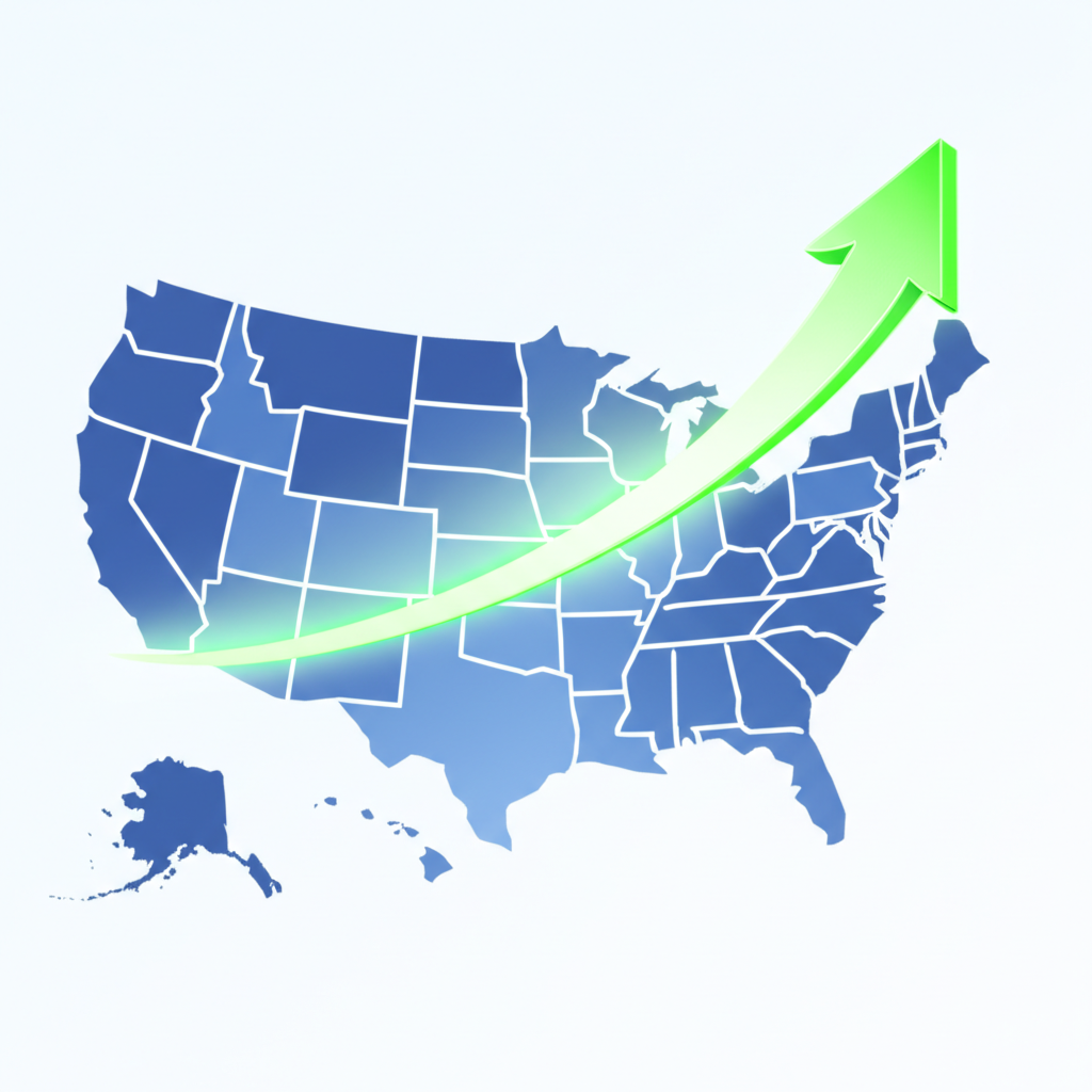 Digital growth chart showing rising arrow overlaid on a US map, illustrating investment trends