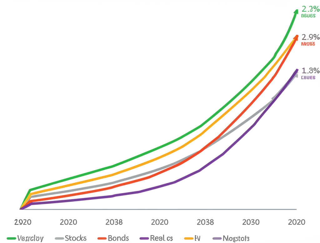 Diverse portfolio growth chart showing balanced investments over time