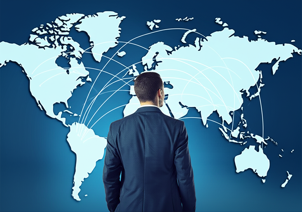 U.S. investor analyzing global market trends on a digital dashboard