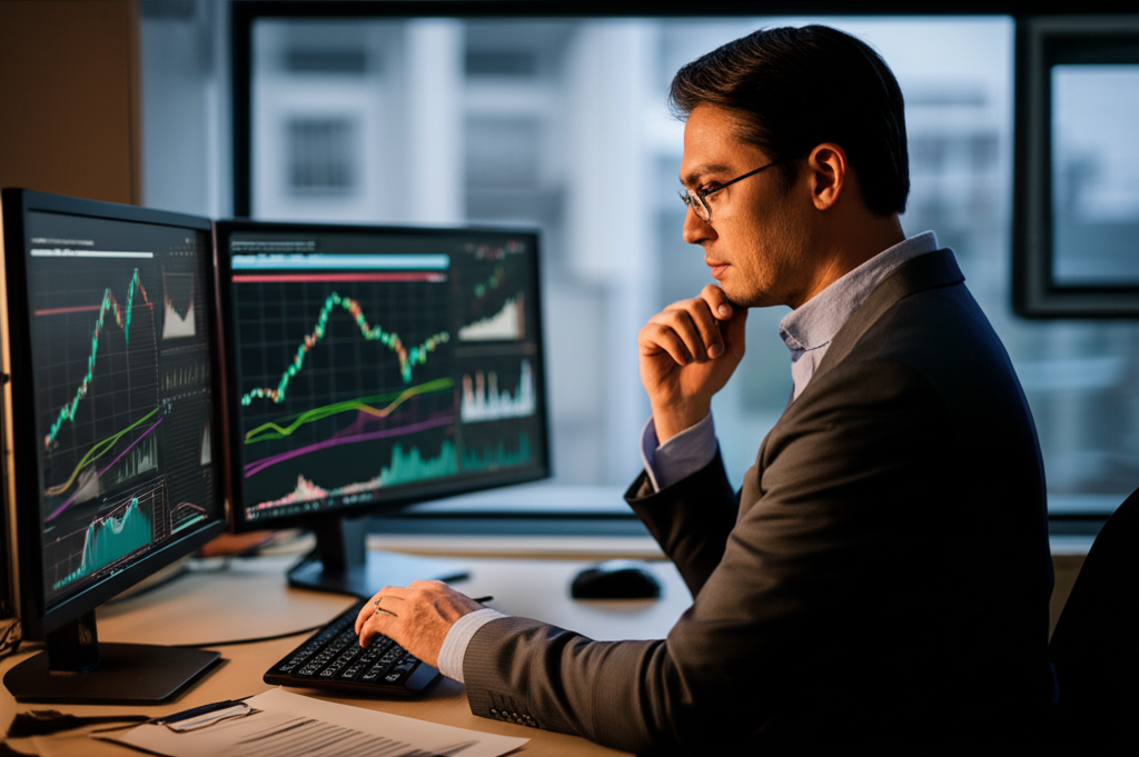 US investor managing ETF portfolio on a computer screen, reviewing charts and options strategies