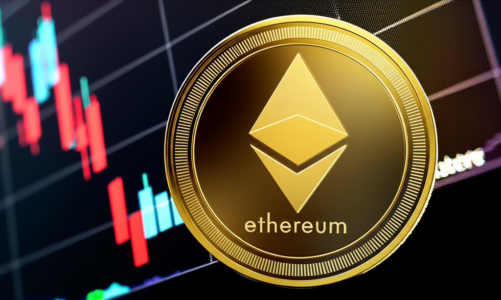 Ethereum coin integrated into a bustling financial market display