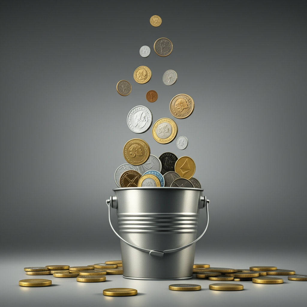 Coins cascading into a visual representation of a diversified investment portfolio