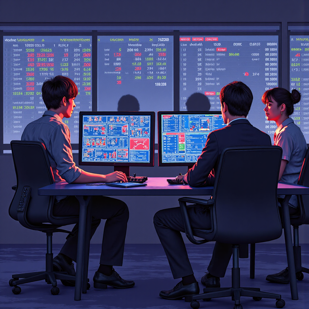 Diverse group of Thai investors analyzing forex data on screens in a modern pixel art style