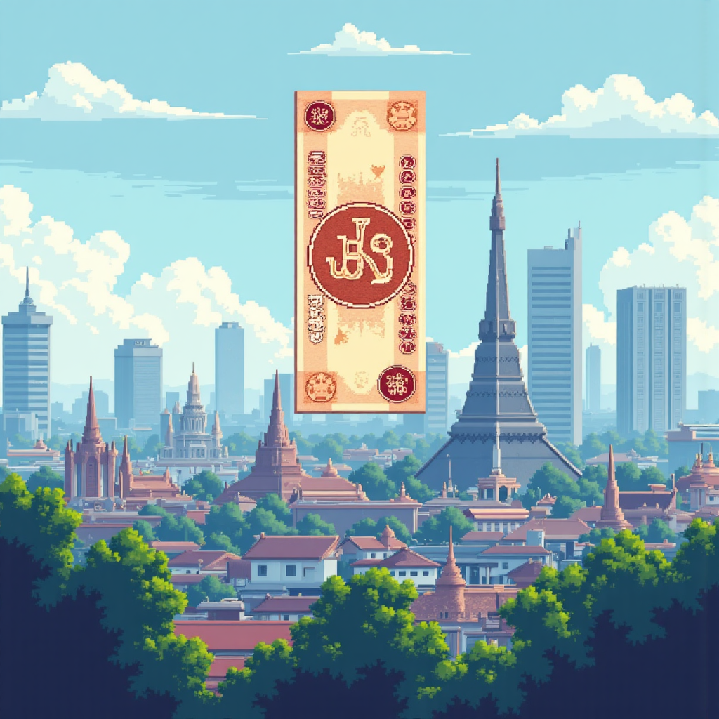 Floating Thai Baht symbol against Bangkok skyline in modern pixel art style