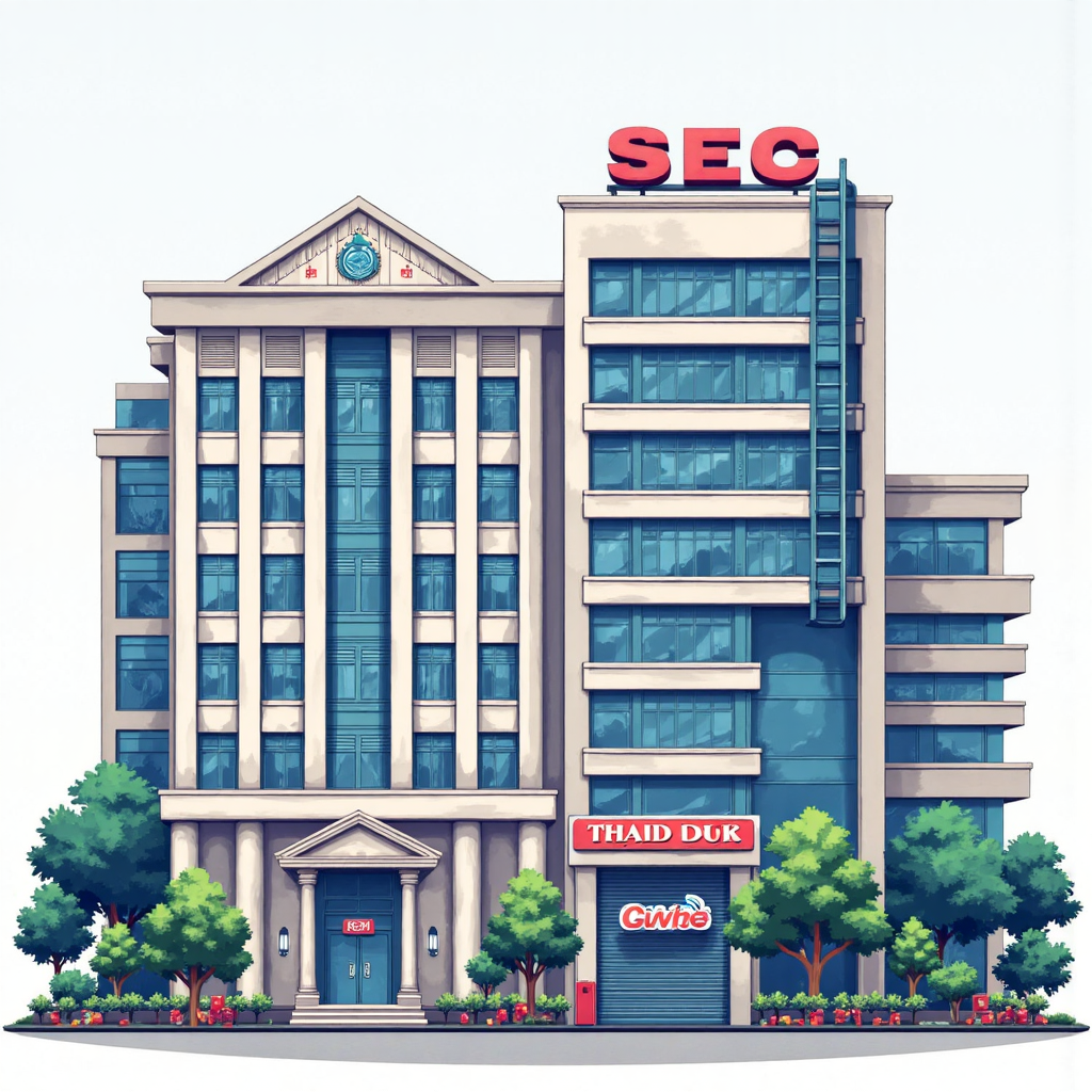 Thai SEC building surrounded by regulatory documents and financial charts in pixel art style