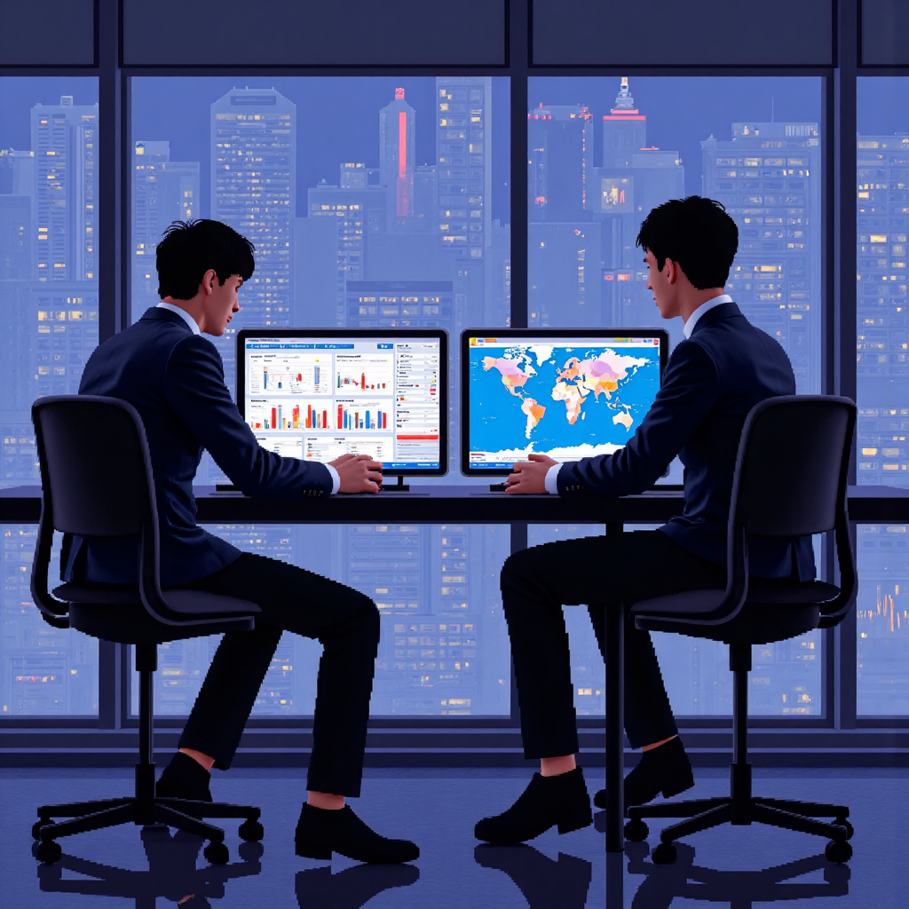 Concept art of Thai investors analyzing global financial data